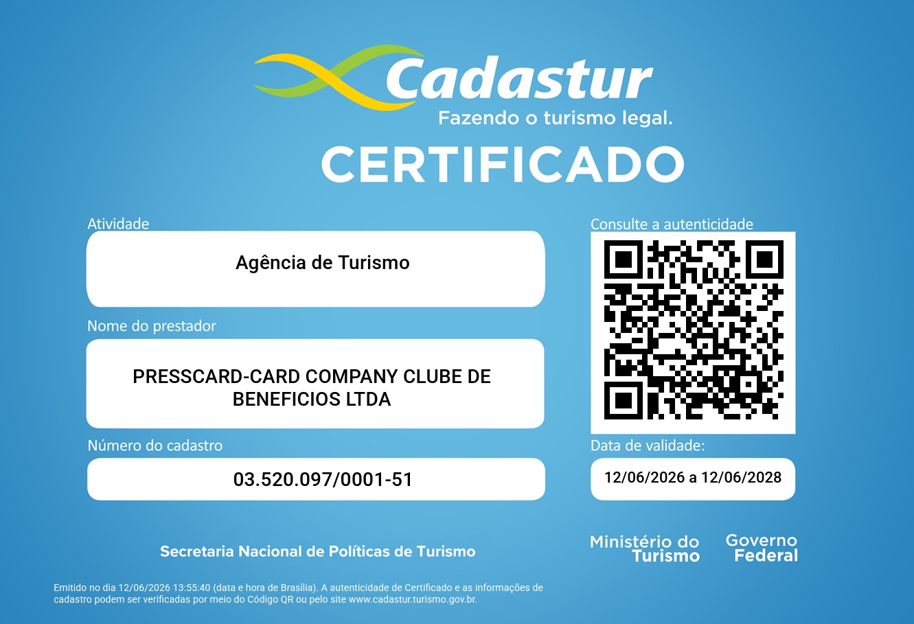 Certificado Cadastur — Agência de Turismo, PressCard-Card Company Clube de Benefícios Ltda